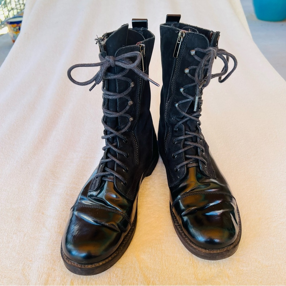 Women’s Black Lace-Up Moto Boots with Side Zip - Picture 2 of 7